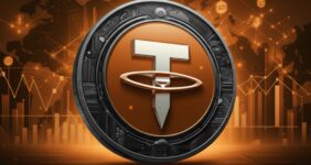 سکه تتر نارنجی سوخته با لبه‌های فلزی تیره، بر پس‌زمینه نقشه جهان و نمودارهای مالی نارنجی درخشان.