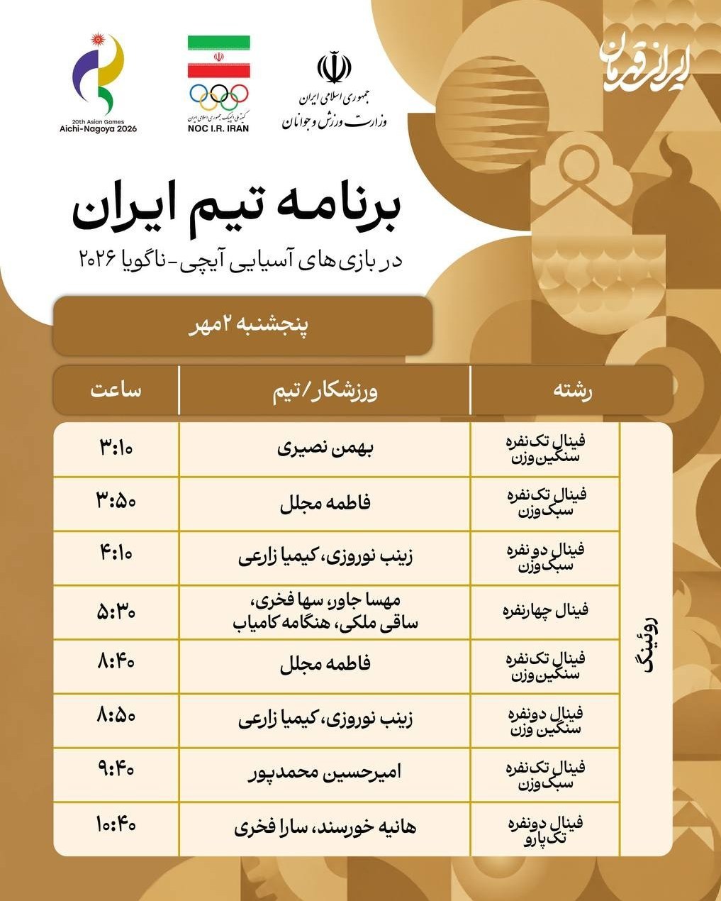 برنامه رقابت نمایندگان ایران در روز پنجم بازیهای آسیایی 2026 بازیهای آسیایی , بازیهای آسیایی 2026 ناگویا ,