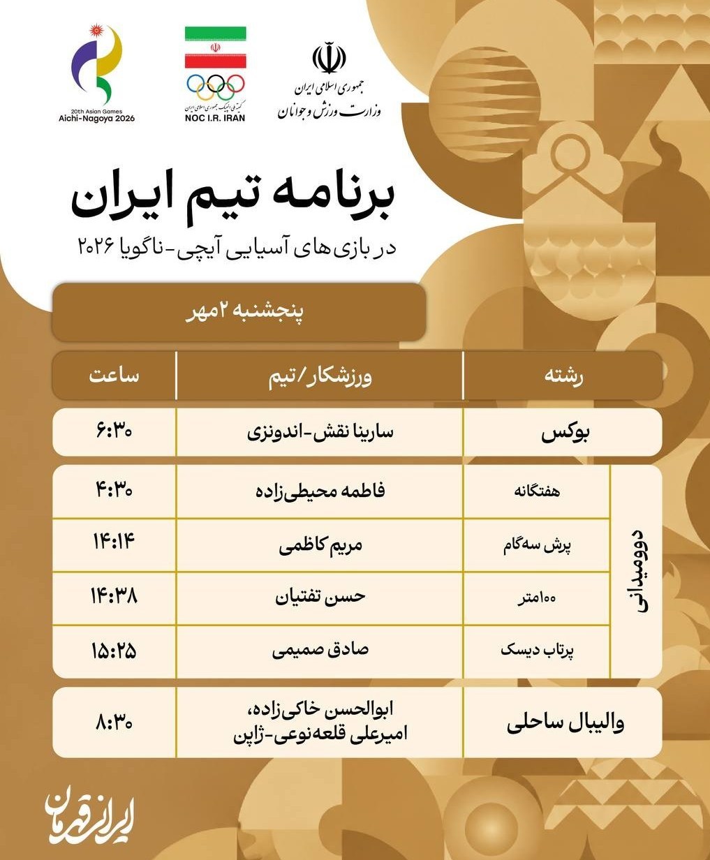 برنامه رقابت نمایندگان ایران در روز پنجم بازیهای آسیایی 2026 بازیهای آسیایی , بازیهای آسیایی 2026 ناگویا ,