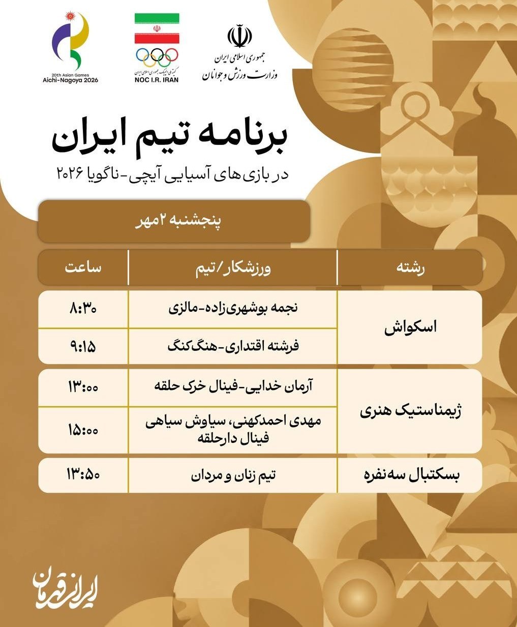 برنامه رقابت نمایندگان ایران در روز پنجم بازیهای آسیایی 2026 بازیهای آسیایی , بازیهای آسیایی 2026 ناگویا ,