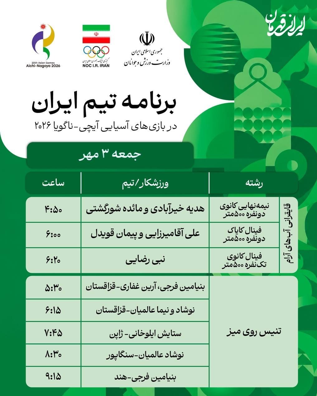 برنامه رقابت ورزشکاران ایران در روز ششم بازیهای آسیایی 2026 بازیهای آسیایی 2026 ناگویا ,