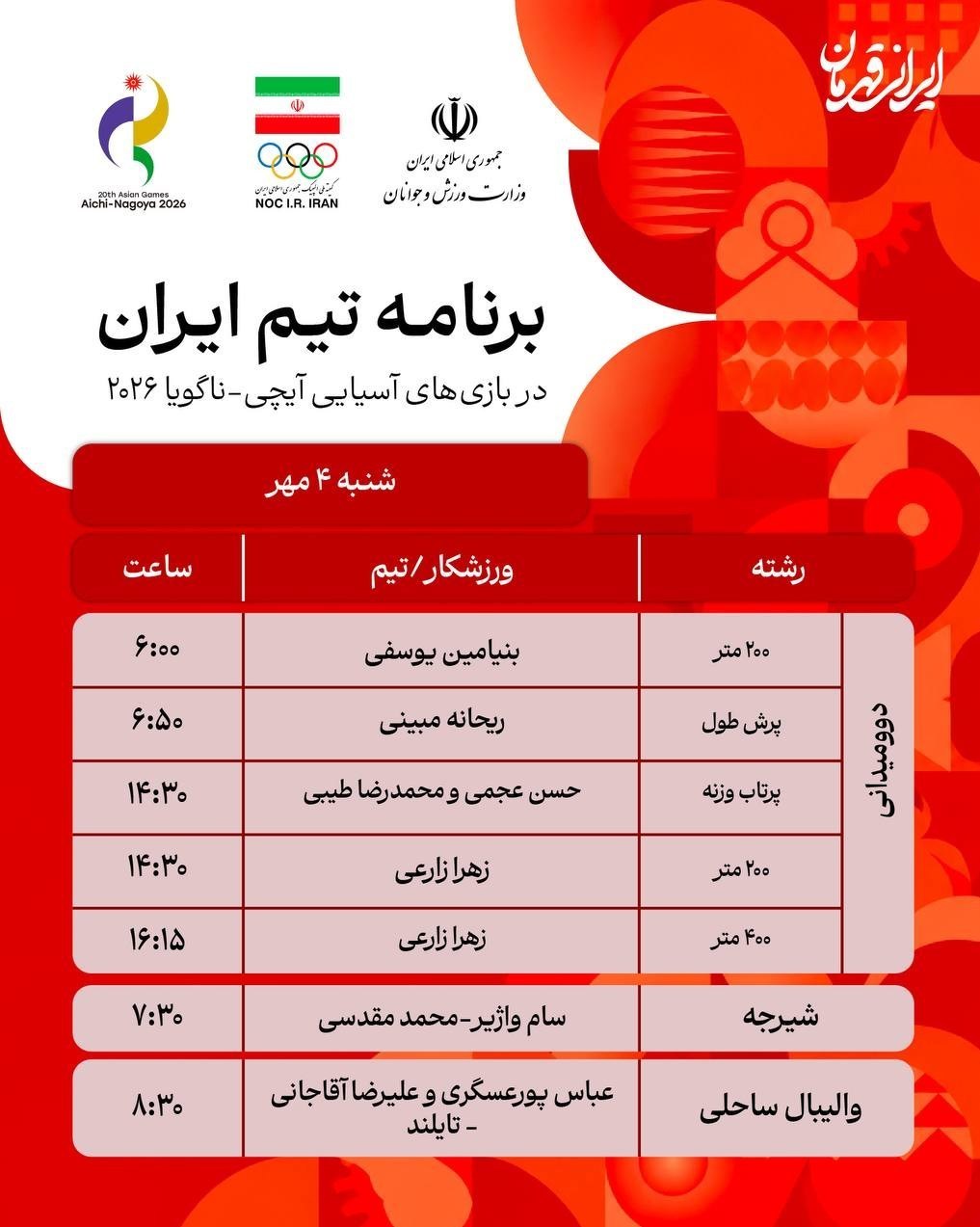 برنامه رقابت ورزشکاران ایران در روز هفتم بازیهای آسیایی 2026 بازیهای آسیایی , بازیهای آسیایی 2026 ناگویا ,