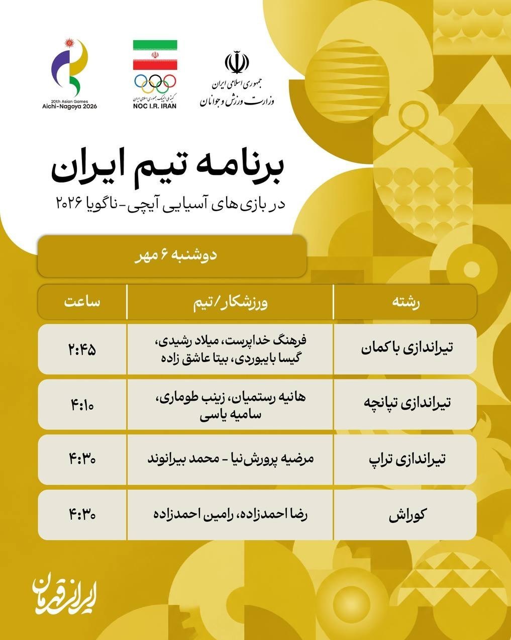 پوشش زنده بازیهای آسیایی| آغاز روز نهم با حذف 2 ملیپوش تیروکمان بازیهای آسیایی , بازیهای آسیایی 2026 ناگویا ,