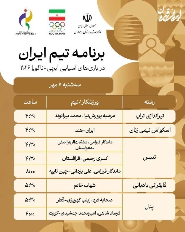 پوشش زنده بازیهای آسیایی| بهشتی برنز گرفت؛ 2 مدال کوراش قطعی شد تیراندازی با کمان , تیراندازی با کمان ایران , بازیهای آسیایی 2026 ناگویا , ورزش بانوان , ورزش بانوان ایران , وزنهبرداری , اسکواش ,